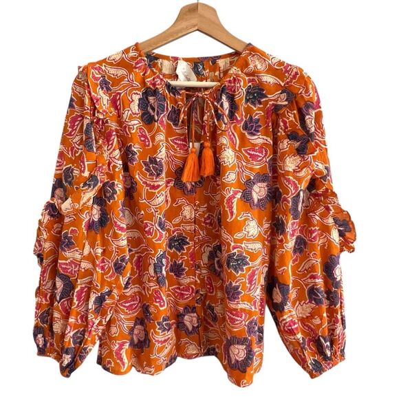 Cleobella Talia Organic Cotton Floral Button Up Top Orange Size S Boho Peasant - Picture 1 of 9